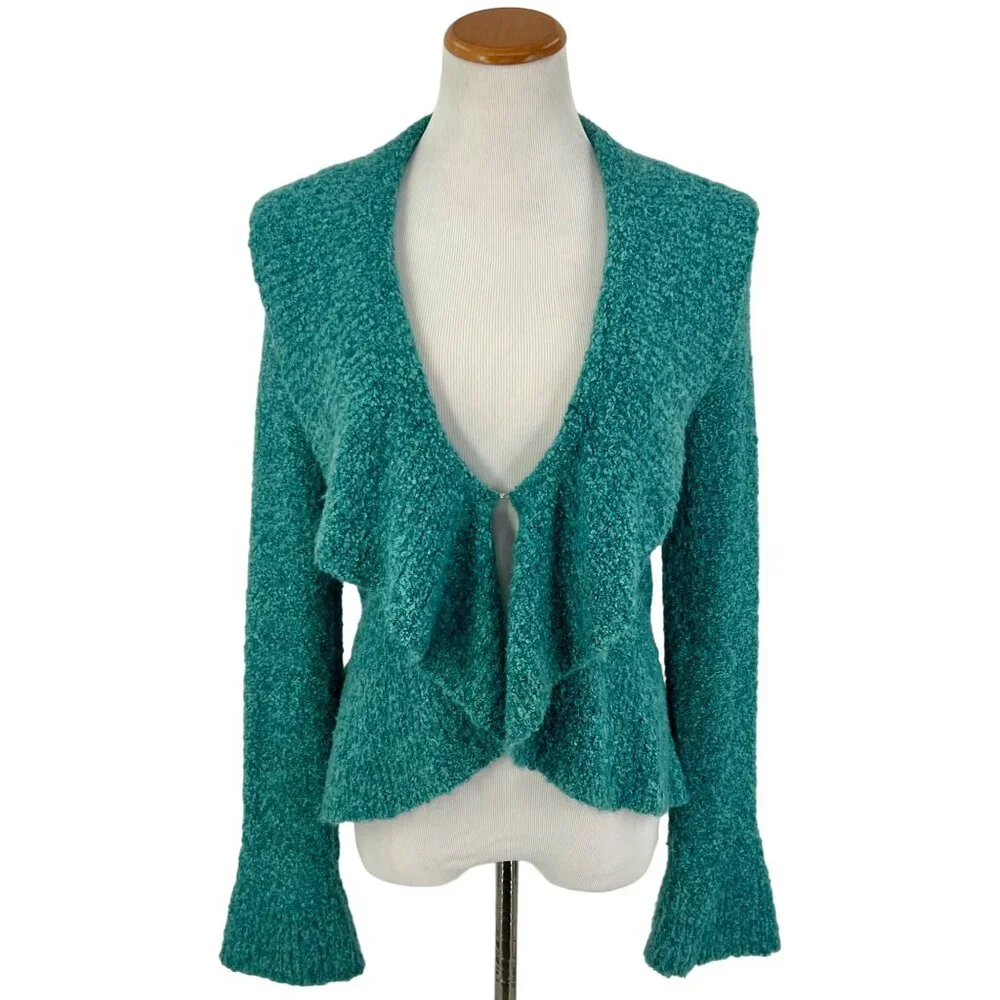 VTG Victoria’s Secret Teal V-Neck Ruffled Knit Cardigan S| Cottagecore Fairy Y2K - Picture 2 of 14